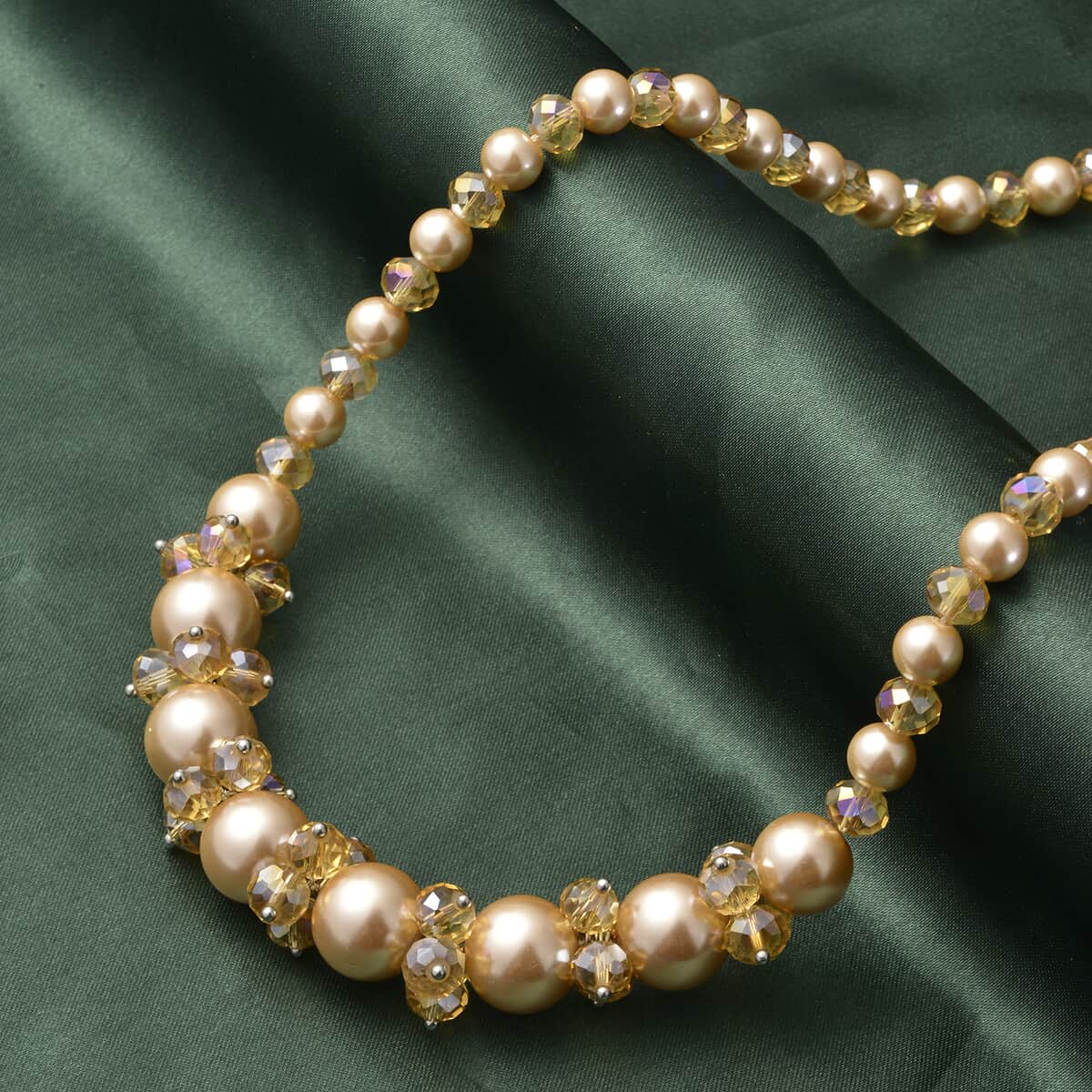 Simulated Champagne Color Pearl and Glass Beaded Necklace 20-22 Inches in Stainless Steel image number 1