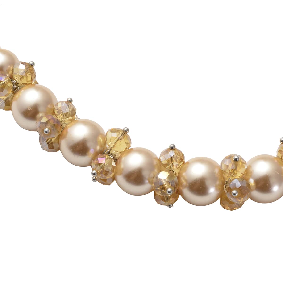Simulated Champagne Color Pearl and Glass Beaded Necklace 20-22 Inches in Stainless Steel image number 2