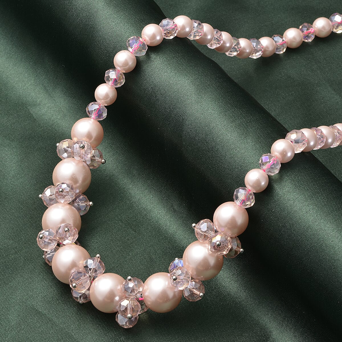 Simulated Pink Pearl and Glass Beaded Necklace 20-22 Inches in Stainless Steel image number 1