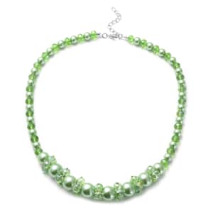 Simulated Green Pearl and Glass Beaded Necklace 20-22 Inches in Stainless Steel