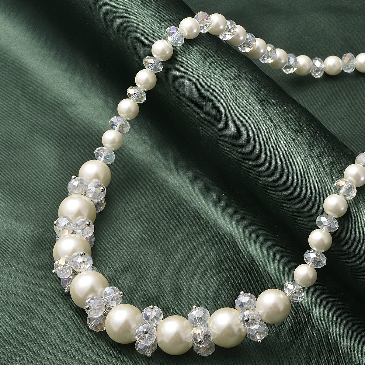 Simulated White Pearl and Glass Beaded Necklace 20-22 Inches in Stainless Steel image number 1