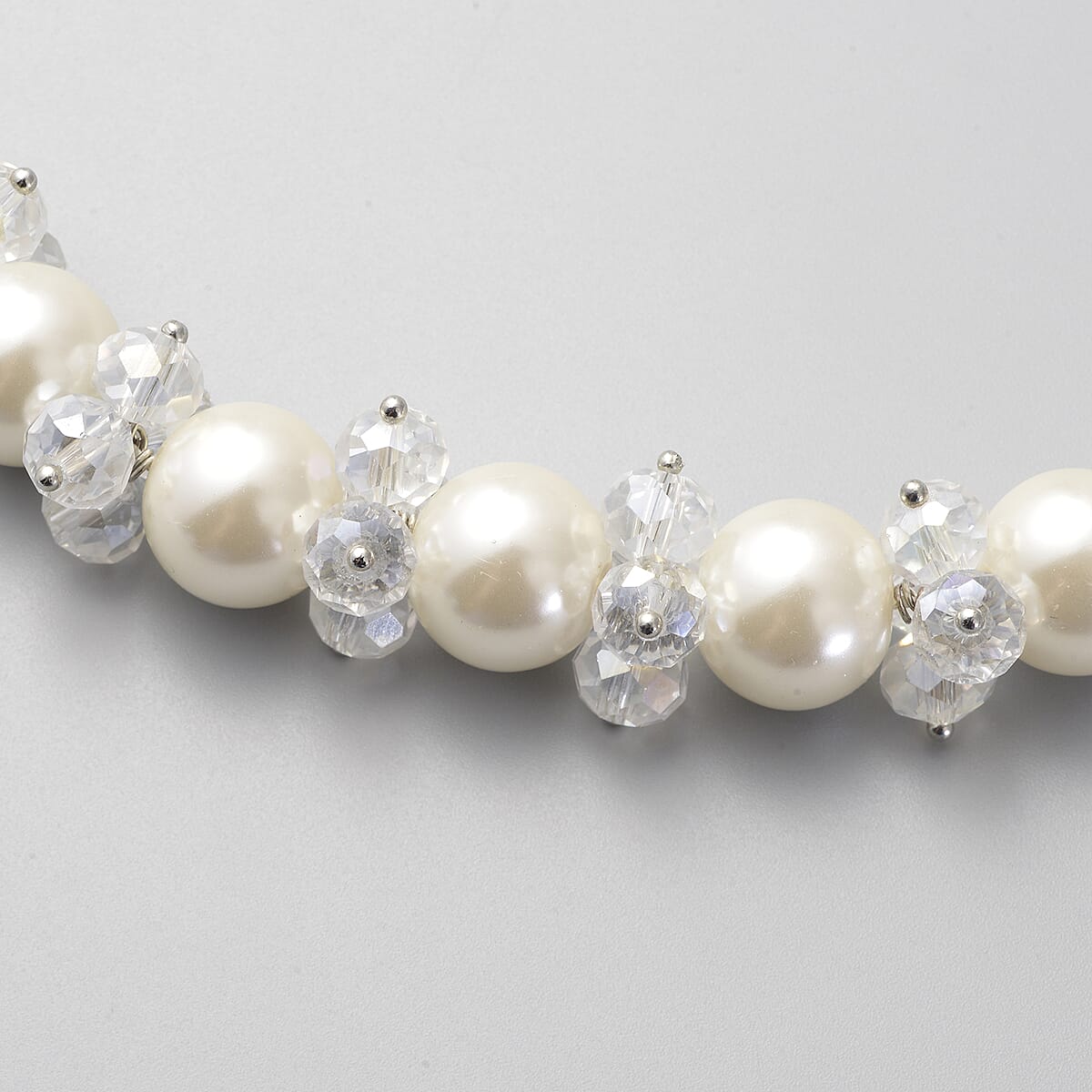 Simulated White Pearl and Glass Beaded Necklace 20-22 Inches in Stainless Steel image number 2