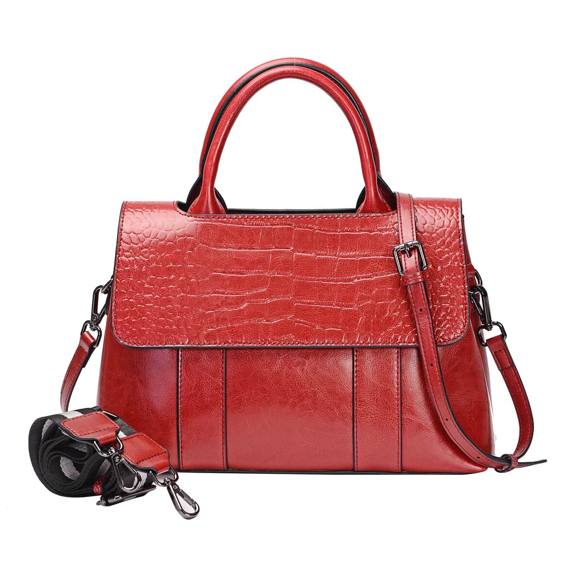 Red Crocodile Embossed Genuine Leather Tote Bag for Women| Woven & Leather Strap| Satchel Purse| Shoulder Handbag image number 0