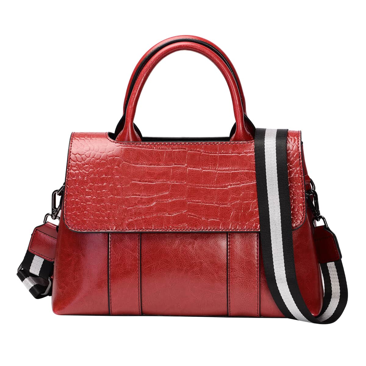 Red Crocodile Embossed Genuine Leather Tote Bag for Women| Woven & Leather Strap| Satchel Purse| Shoulder Handbag image number 4