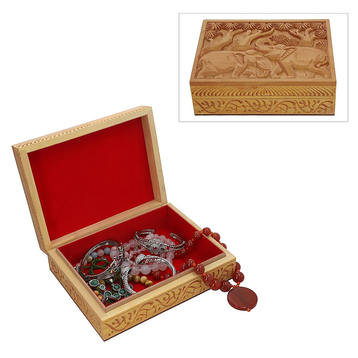 Haldu Wood Made Hand Carved Elephant Embossed Carved Storage Box (8"x6"x2.5") image number 0