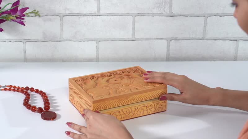 Haldu Wood Made Hand Carved Elephant Embossed Carved Storage Box (8"x6"x2.5")