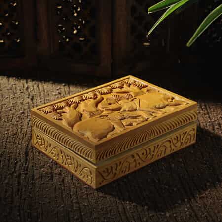 Haldu Wood Made Hand Carved Elephant Embossed Carved Storage Box (8"x6"x2.5") image number 1