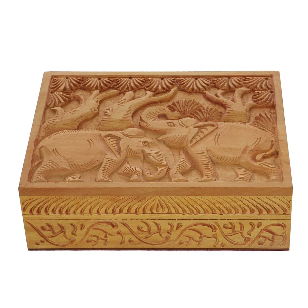 Haldu Wood Made Hand Carved Elephant Embossed Carved Storage Box (8"x6"x2.5") image number 2