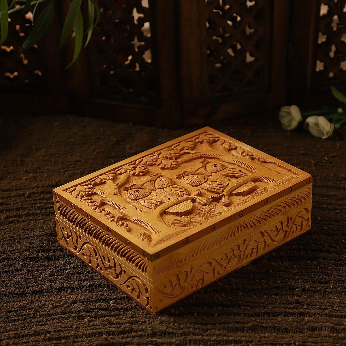 Handmade, Scratch Resistant, Natural Wooden, Hand carved Owl Engraved Storage Box For Jewelry, Keepsake image number 1