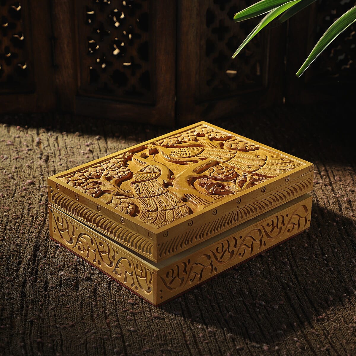 Handmade, Scratch Resistant, Natural Wooden, Hand Carved Peacock Engraved Storage Box For Jewelry, Keepsake image number 1