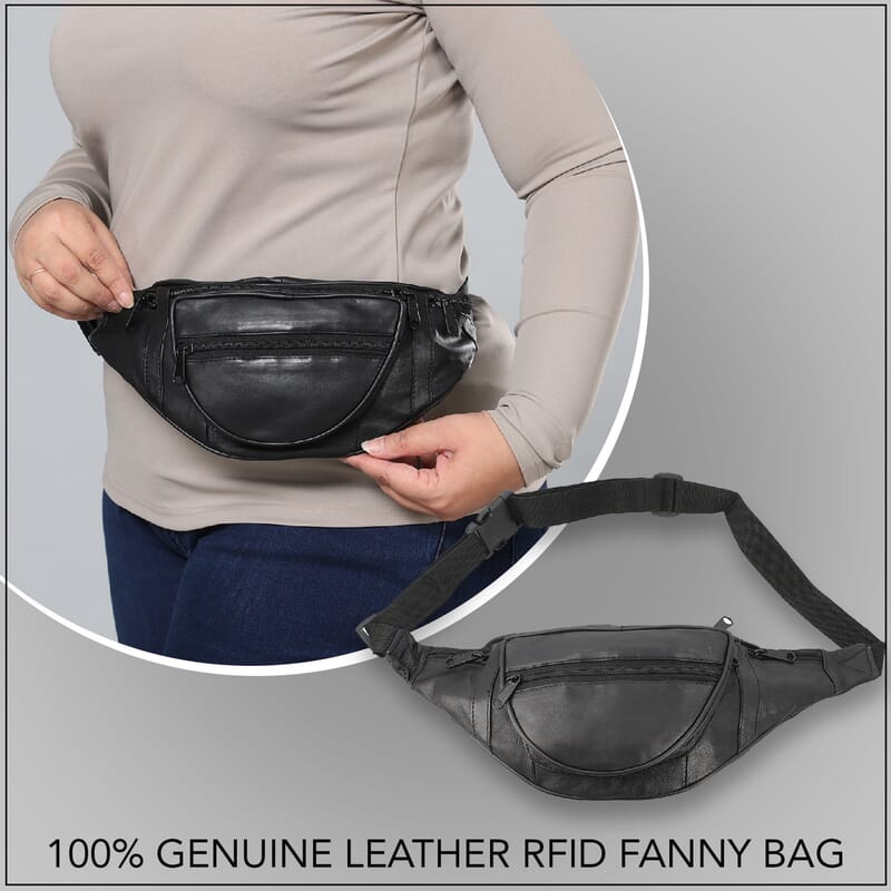 Newage Black 100% Genuine Leather RFID Fanny Bag