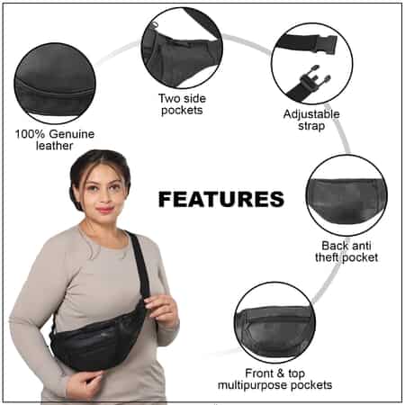 Black 100% Genuine Leather RFID Fanny Bag (15"x6.25) image number 2