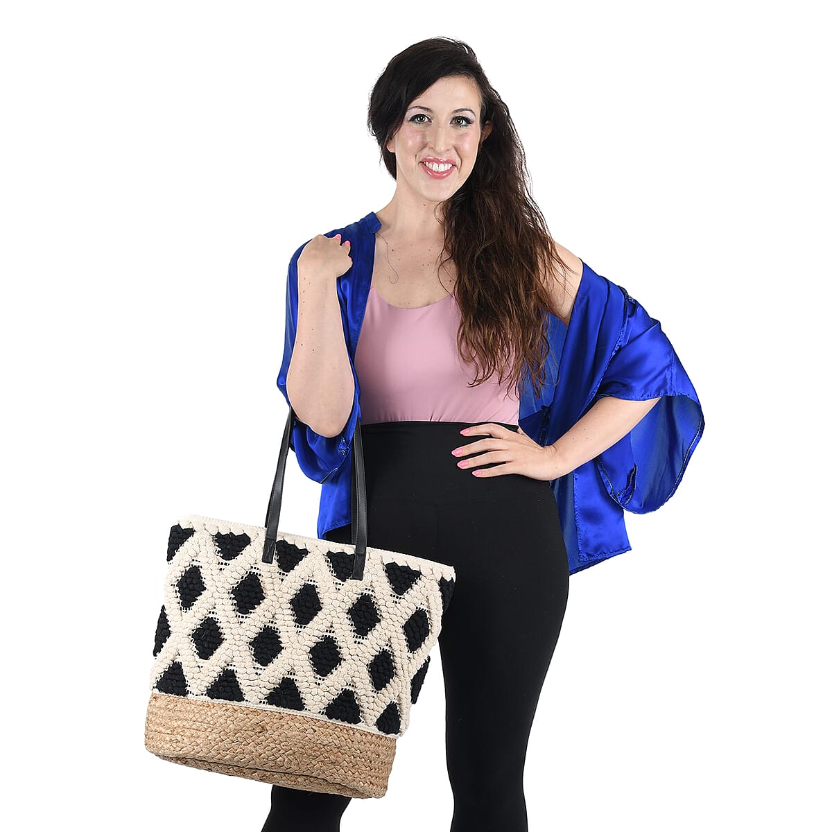 LULU DHARMA Closeout Black Color Rhombus Pattern Woven Tote Bag with Vegan Leather Handle (18x13.5x7.5 in) image number 1