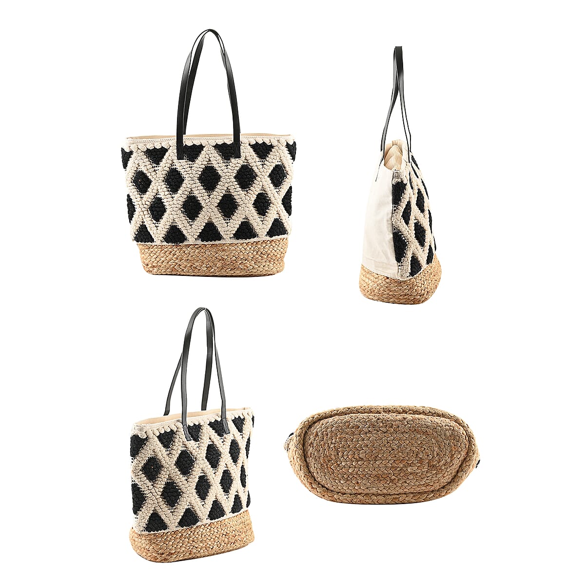 LULU DHARMA Closeout Black Color Rhombus Pattern Woven Tote Bag with Vegan Leather Handle (18x13.5x7.5 in) image number 2