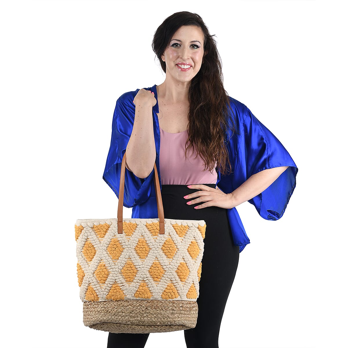 LULU DHARMA Closeout Yellow Color Rhombus Pattern Woven Tote Bag with Vegan Leather Handle image number 1