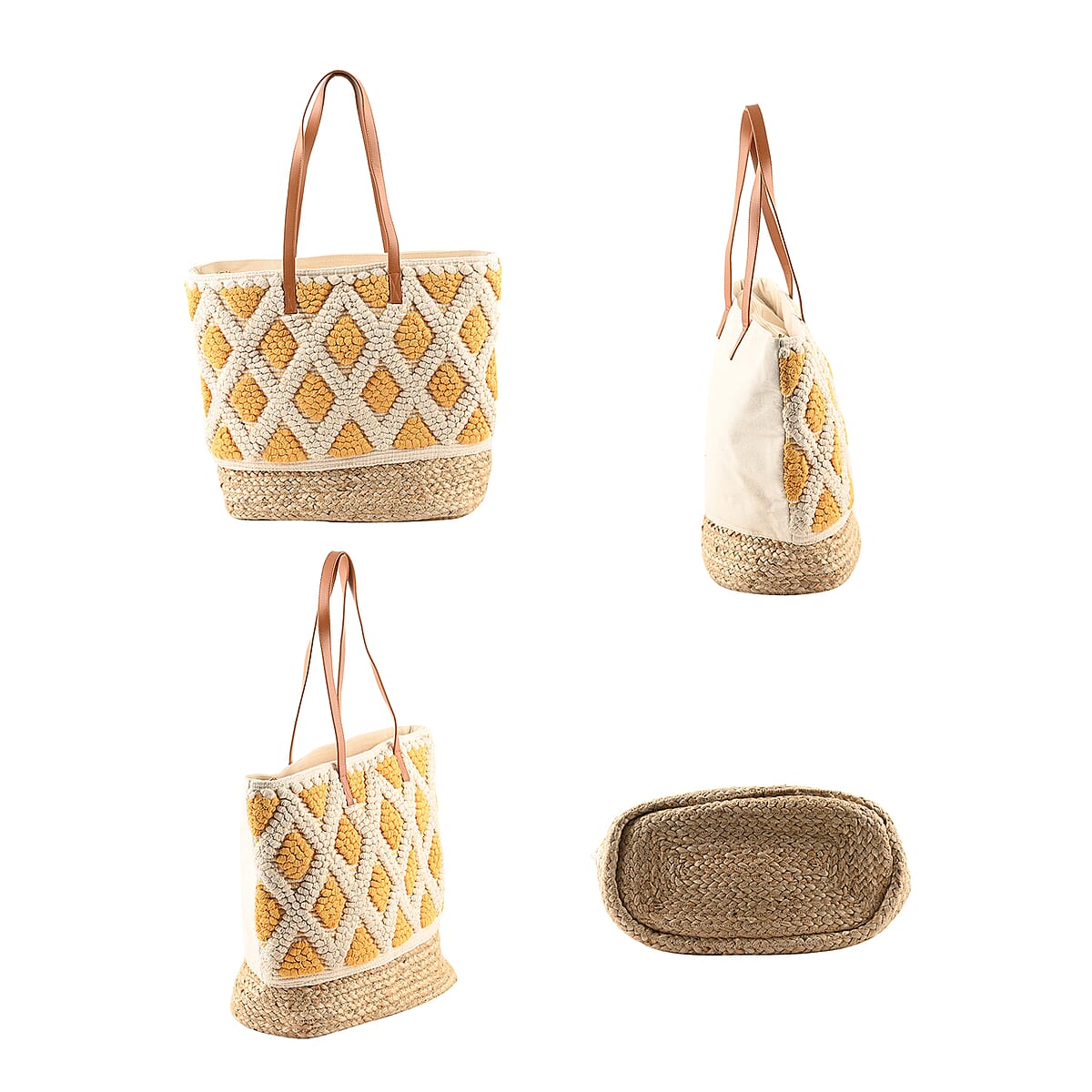 LULU DHARMA Closeout Yellow Color Rhombus Pattern Woven Tote Bag with Vegan Leather Handle image number 2