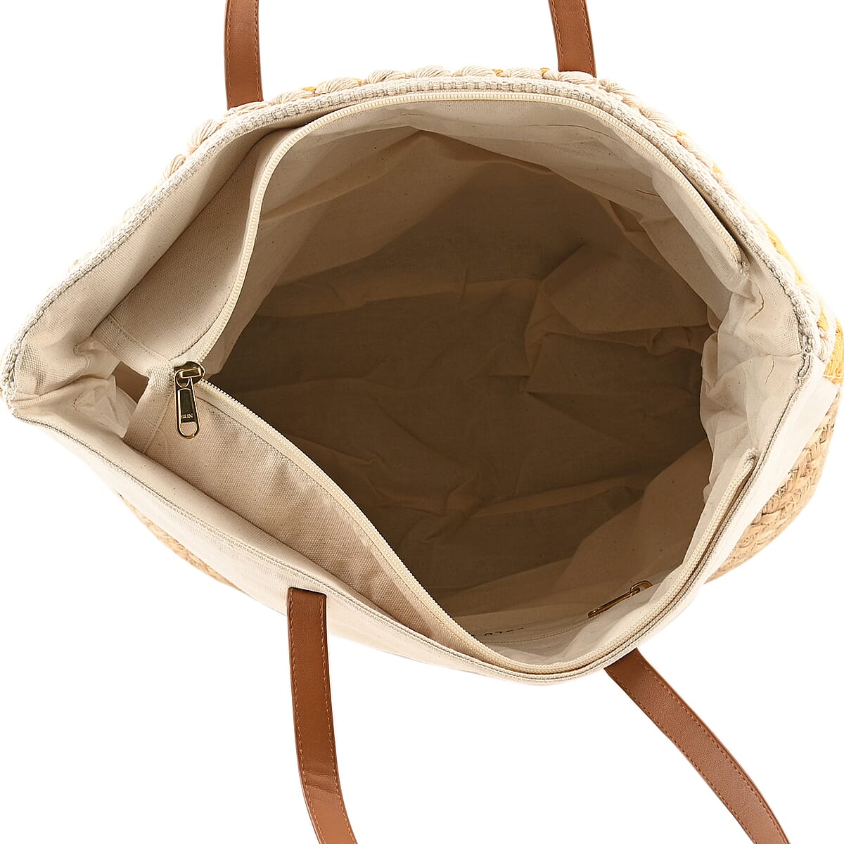 LULU DHARMA Closeout Yellow Color Rhombus Pattern Woven Tote Bag with Vegan Leather Handle image number 3