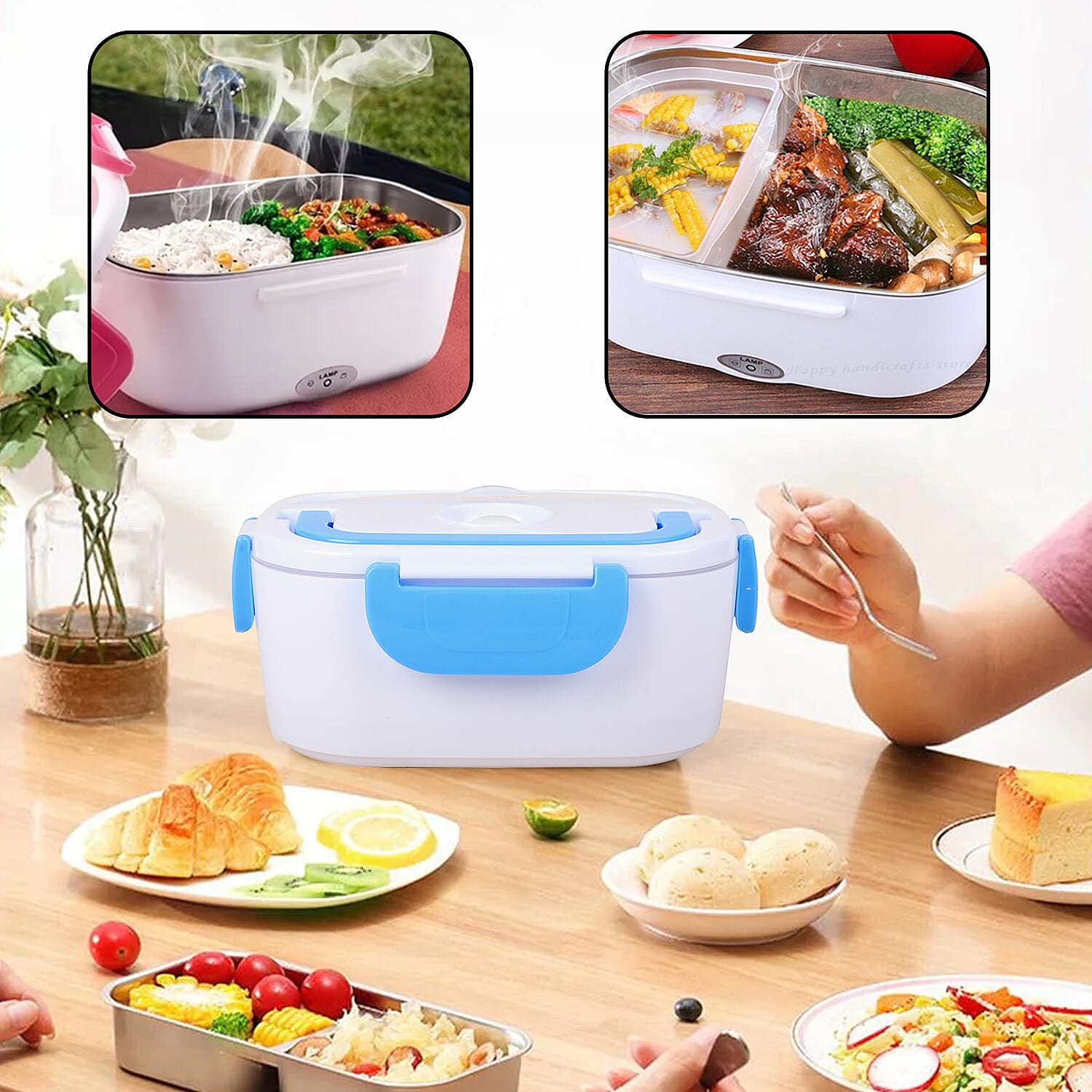 White & Blue Portable Electric Heating Lunch Box - 50W , Best Electric Heating Lunch Box , Bento Hot Heated Lunch Box , Best Lunch Box to Keep Food Hot