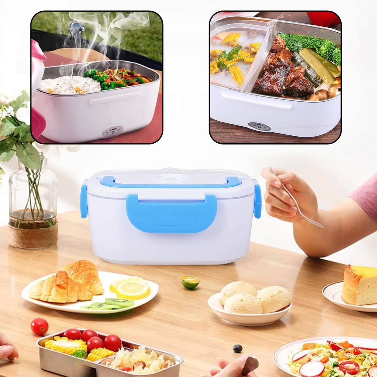 White & Blue Portable Electric Heating Lunch Box (50W) (9.25x6.49x4.13) image number 1