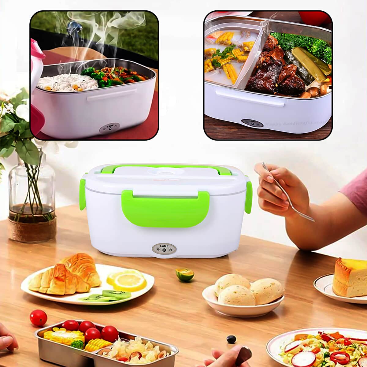 White & Green Portable Electric Heating Lunch Box - 50W , Best Electric Heating Lunch Box , Bento Hot Heated Lunch Box , Best Lunch Box to Keep Food Hot image number 1