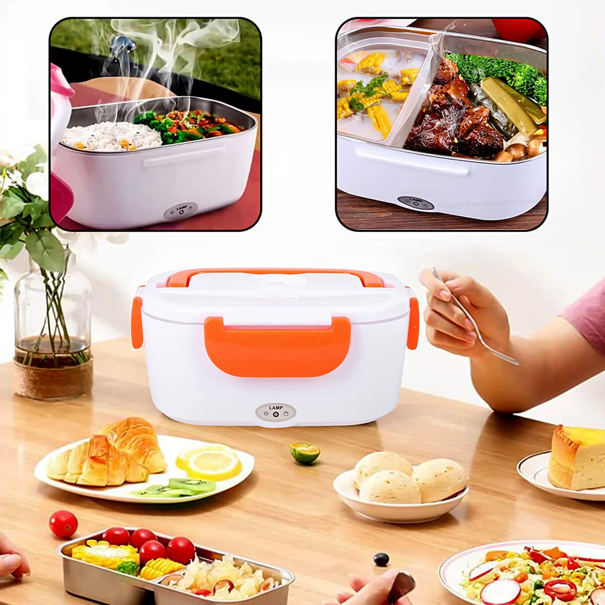 White & Orange Portable Electric Heating Lunch Box - 40W, Best Electric Heating Lunch Box, Bento Hot Heated Lunch Box, Best Lunch Box to Keep Food Hot image number 1
