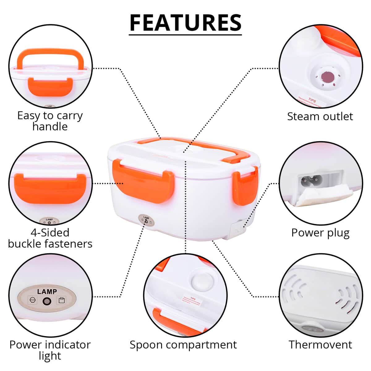 White & Orange Portable Electric Heating Lunch Box - 40W, Best Electric Heating Lunch Box, Bento Hot Heated Lunch Box, Best Lunch Box to Keep Food Hot image number 2