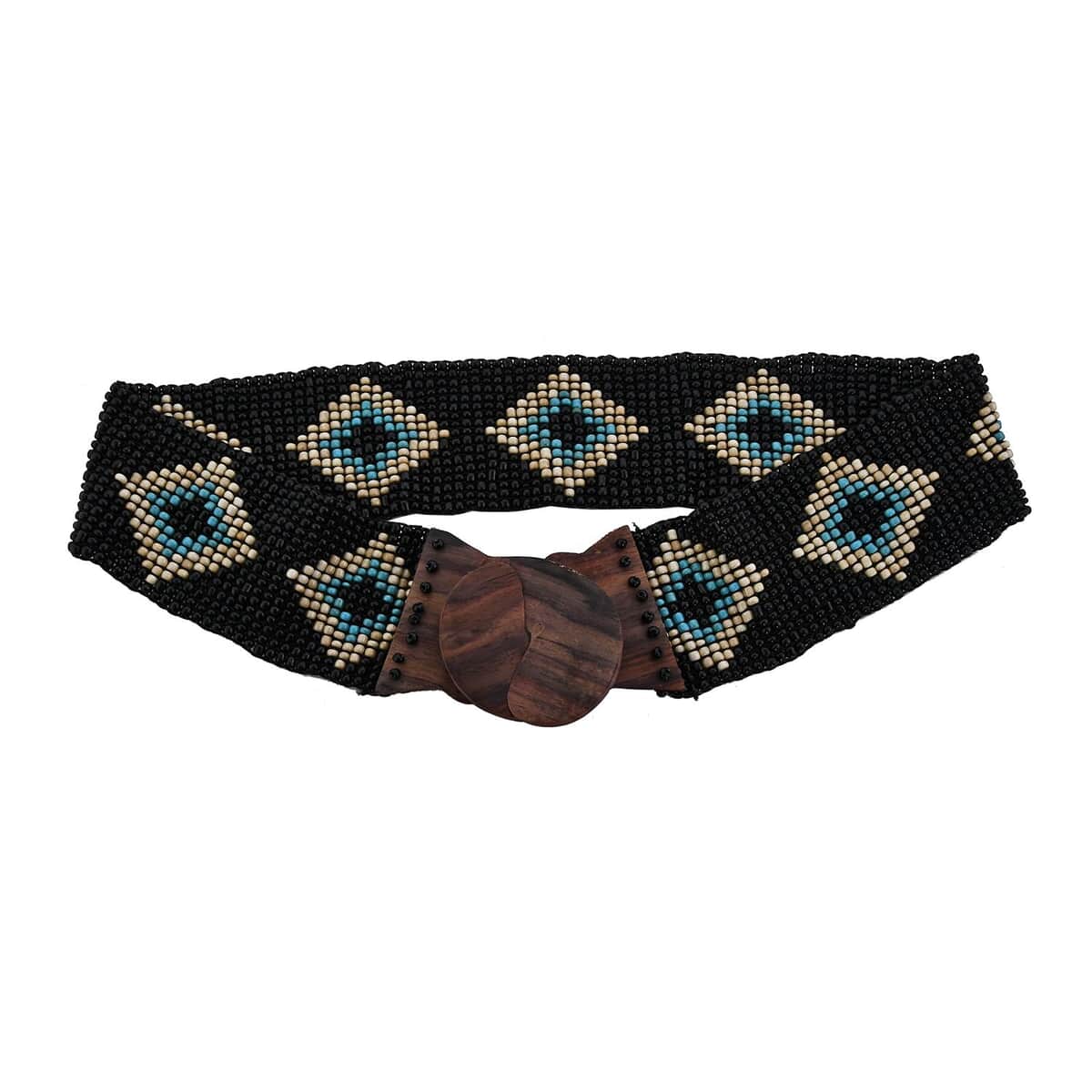 Handcrafted Black Southwestern Seed Beaded Stretch Belt with Wooden Buckle image number 0