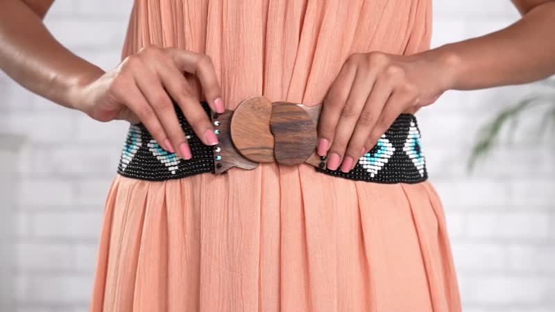 Handcrafted Black Southwestern Seed Beaded Stretch Belt with Wooden Buckle