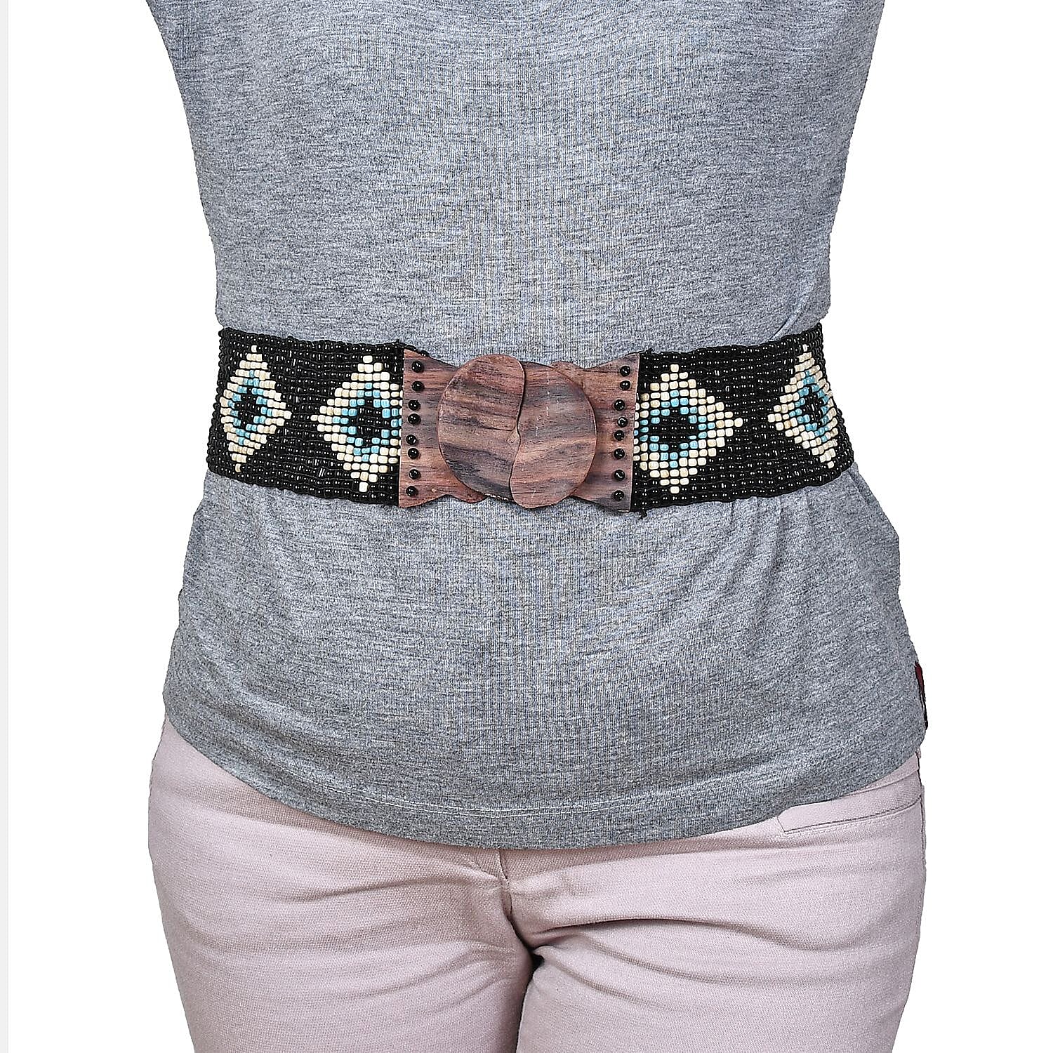 Handcrafted Black Southwestern Seed Beaded Stretch Belt with Wooden Buckle