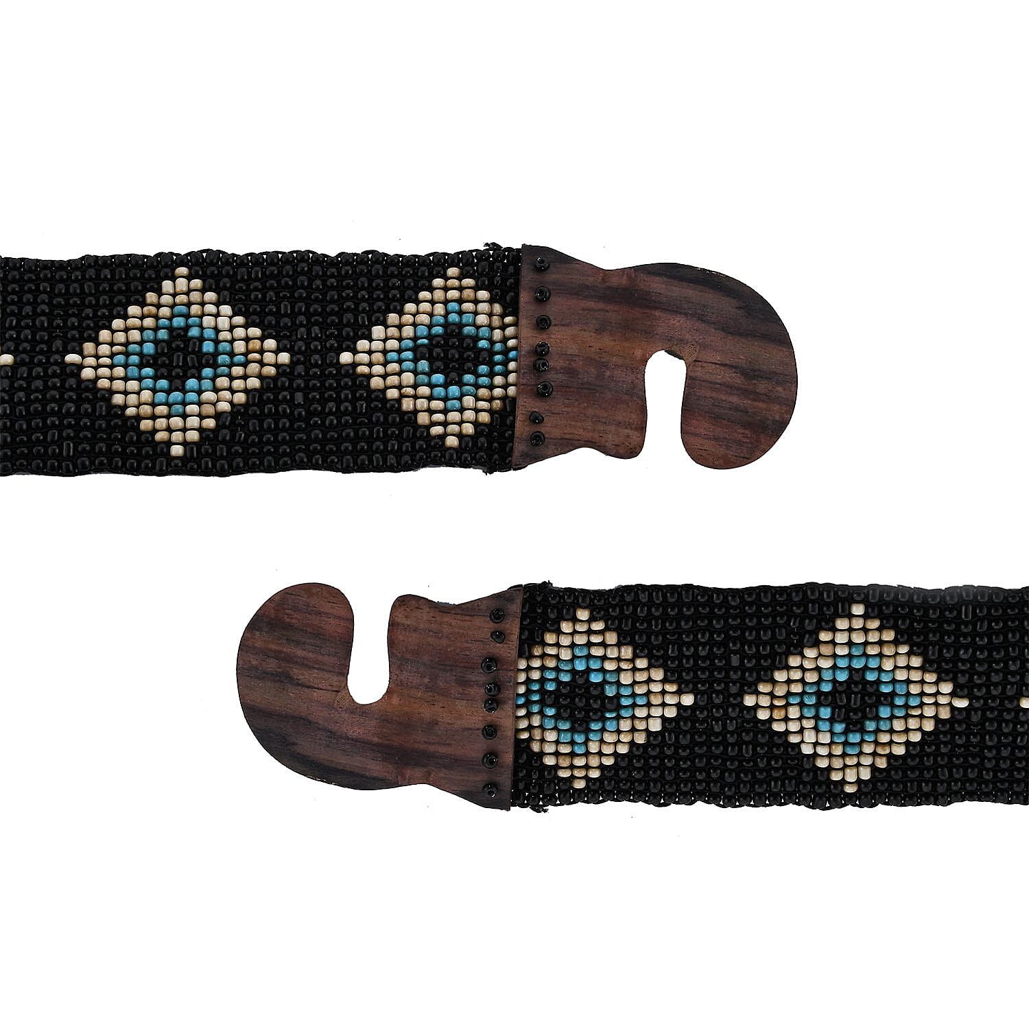 Handcrafted Black Southwestern Seed Beaded Stretch Belt with Wooden Buckle
