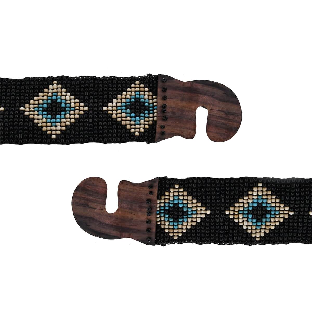 Handcrafted Black Southwestern Seed Beaded Stretch Belt with Wooden Buckle image number 2
