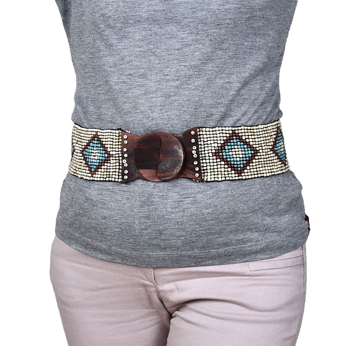 Handcrafted Beige Southwestern Seed Beaded Stretch Belt with Wooden Buckle image number 1