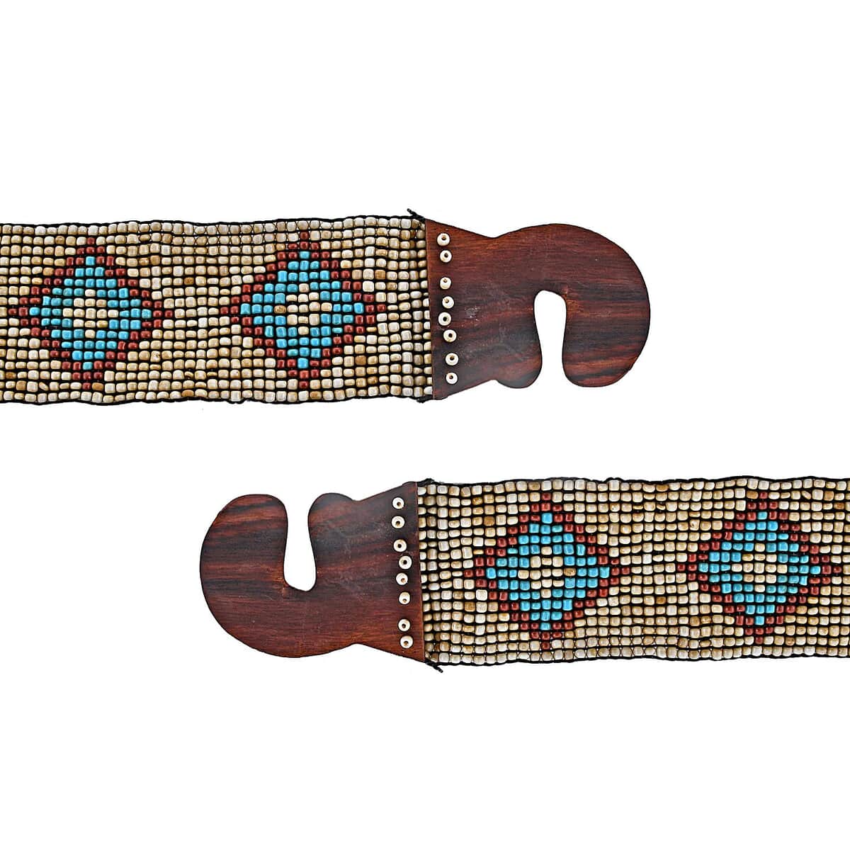 Handcrafted Beige Southwestern Seed Beaded Stretch Belt with Wooden Buckle image number 2