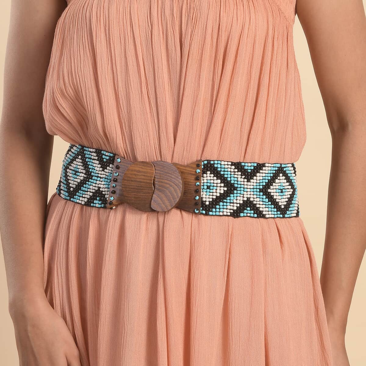 Handcrafted Turquoise and White Southwestern Seed Beaded Stretch Belt with Wooden Buckle image number 0