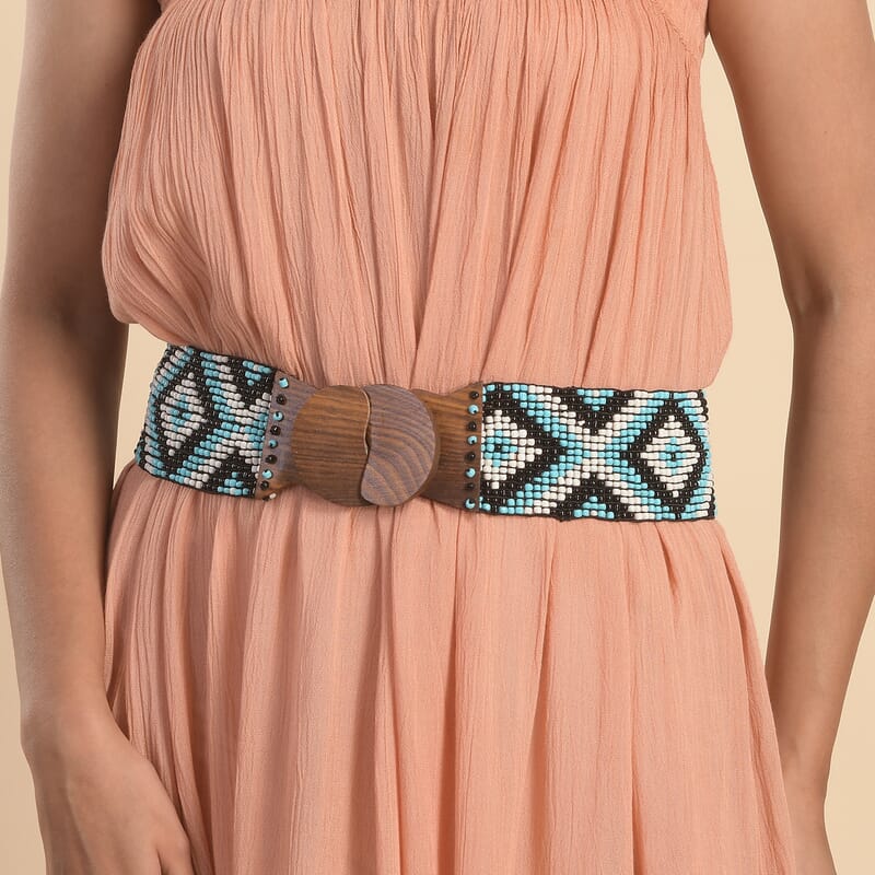 Handcrafted Turquoise and White Southwestern Seed Beaded Stretch Belt with Wooden Buckle