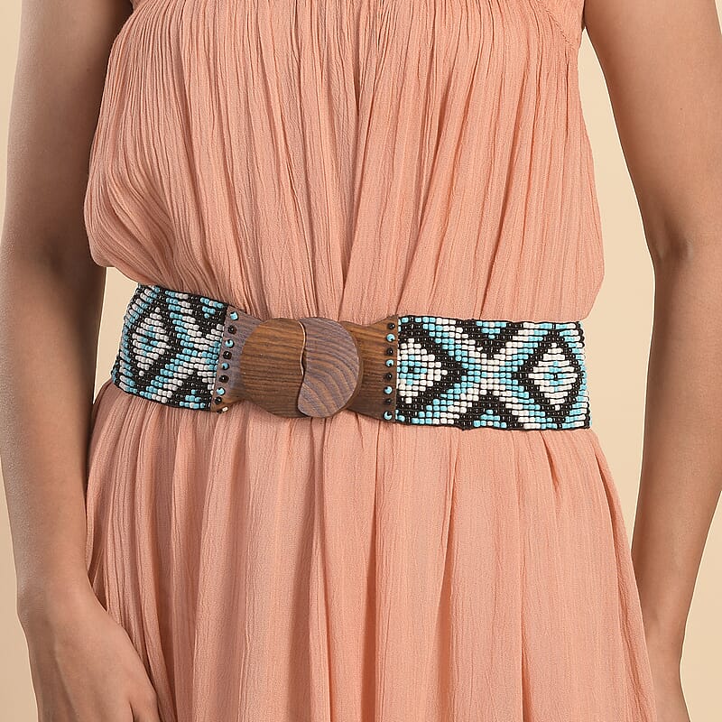 Handcrafted Turquoise and White Southwestern Seed Beaded Stretch Belt with Wooden Buckle