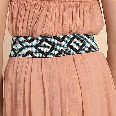 Handcrafted Turquoise and White Southwestern Seed Beaded Stretch Belt with Wooden Buckle