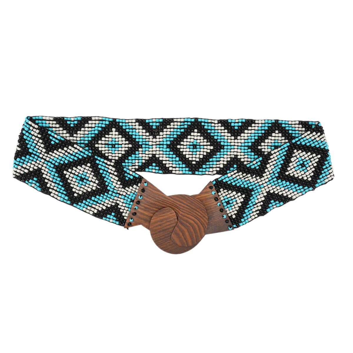 Handcrafted Turquoise and White Southwestern Seed Beaded Stretch Belt with Wooden Buckle image number 2