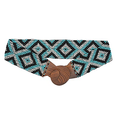 Handcrafted Turquoise and White Southwestern Seed Beaded Stretch Belt with Wooden Buckle