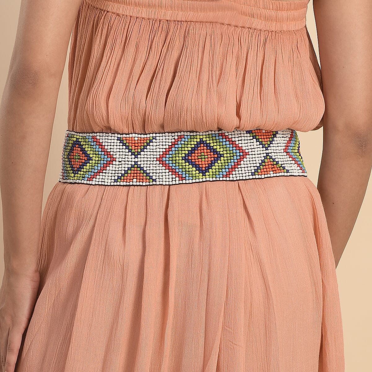 Handcrafted Multi Color Southwestern Seed Beaded Stretch Belt with Wooden Buckle image number 1