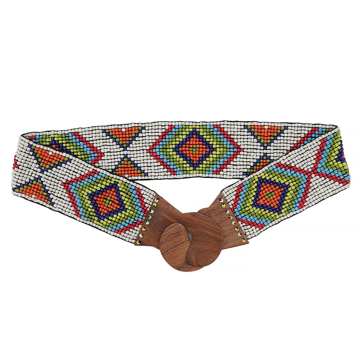 Handcrafted Multi Color Southwestern Seed Beaded Stretch Belt with Wooden Buckle image number 2
