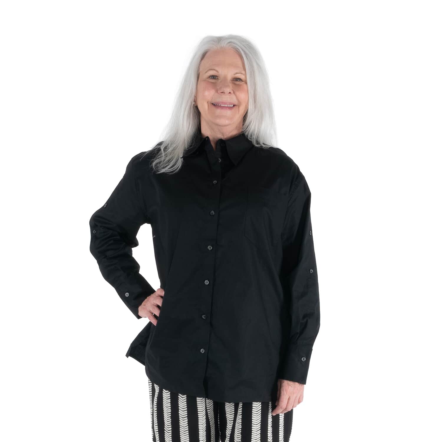 DUBGEE by Whoopi Goldberg Black Woven Button up Shirt with Button Trim Sleeves L