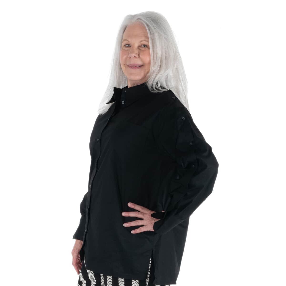 DUBGEE by Whoopi Goldberg Black Woven Button-up Shirt with Button Trim Sleeves - L image number 2