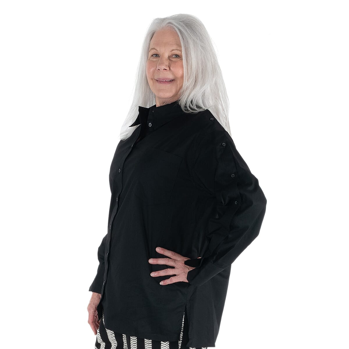 DUBGEE by Whoopi Goldberg Black Woven Button-up Shirt with Button Trim Sleeves - M image number 2
