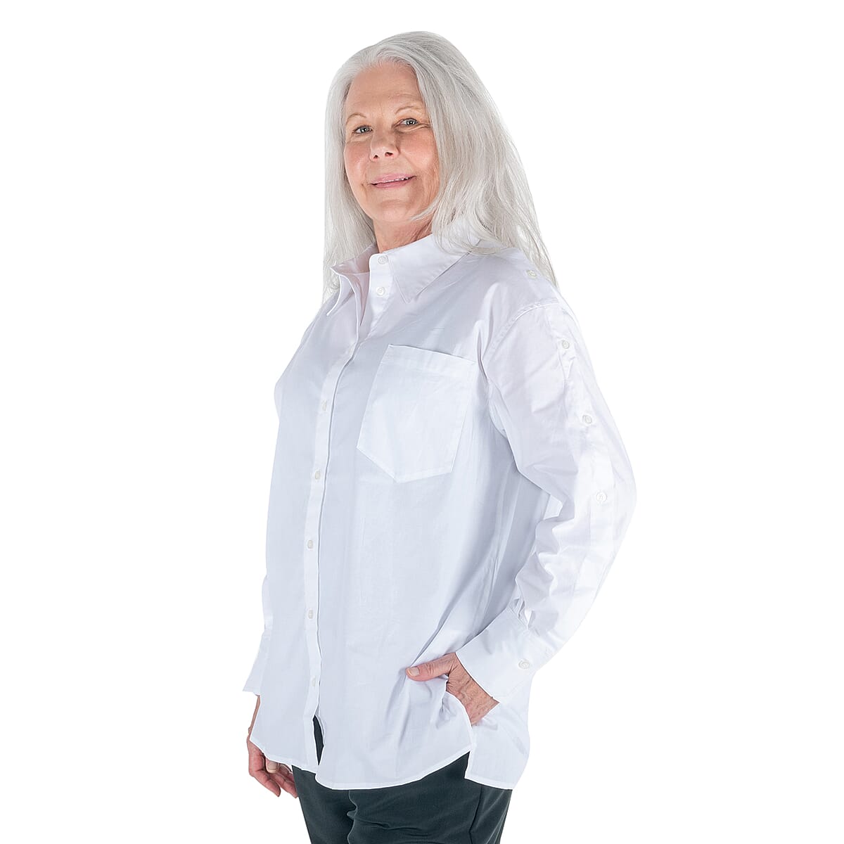 DUBGEE by Whoopi Goldberg White Woven Button-up Shirt with Button Trim Sleeves - XL image number 2
