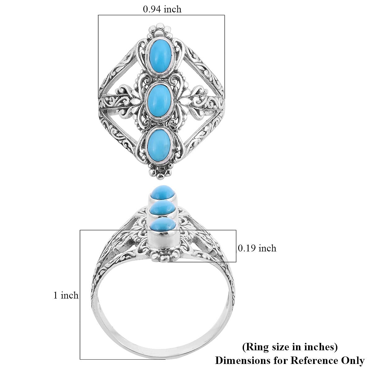 Bali Legacy AMERICAN Natural Sleeping Beauty Turquoise 3 Stone Ring in Sterling Silver (Size 8.0) 1.50 ctw
