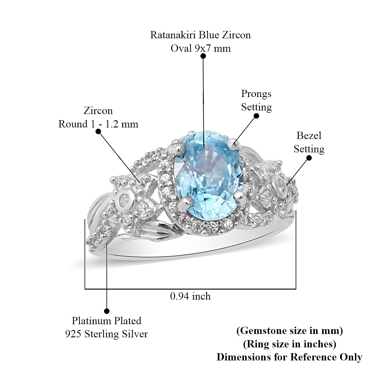 Premium Ratanakiri Blue Zircon and Natural White Zircon Ring in Platinum Over Sterling Silver (Size 5.0) 3.50 ctw image number 4