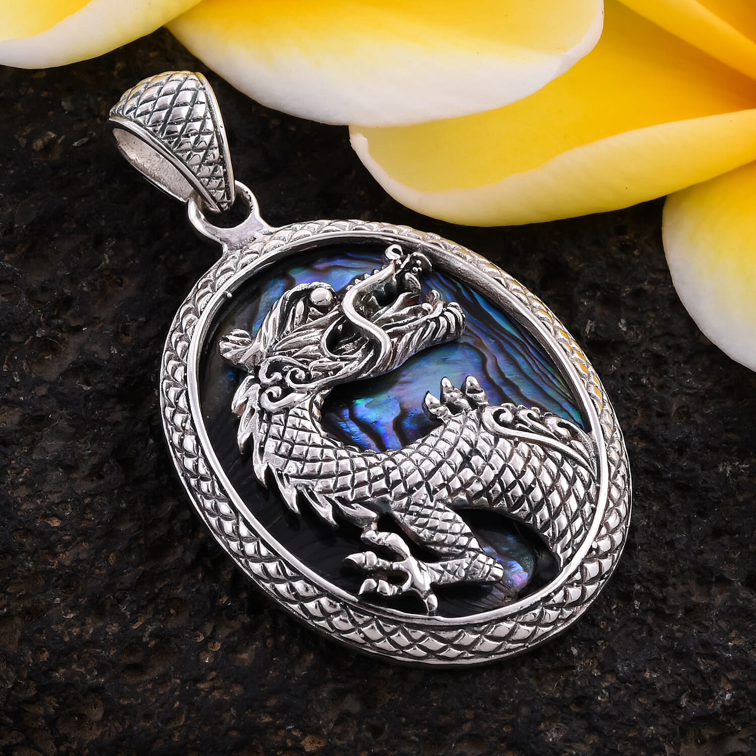 Bali Legacy Abalone Shell Dragon Pendant in Sterling Silver