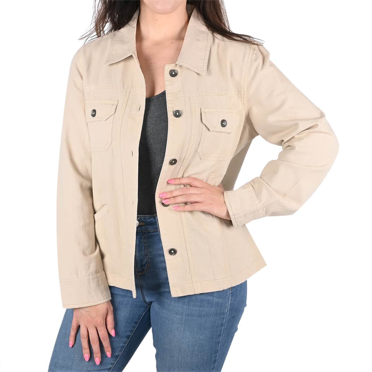 PASSAGE Ivory Canvas Button Front Utility Style Jacket - XL image number 0