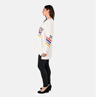 DUBGEE White Long Sleeve Multicolor Stripe Logo French Terry Sweatshirt- S